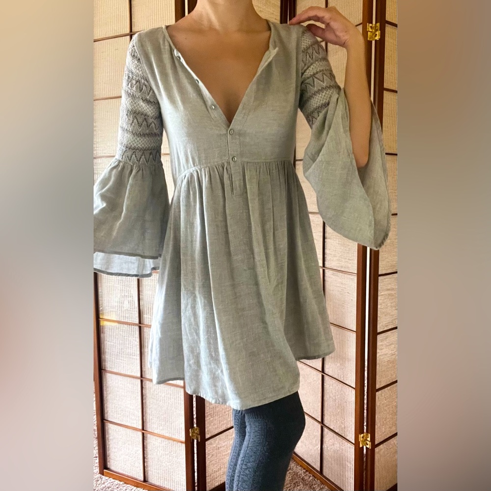 Zara Basics gray smocked embroidered bell sleeve peasant babydoll dress
